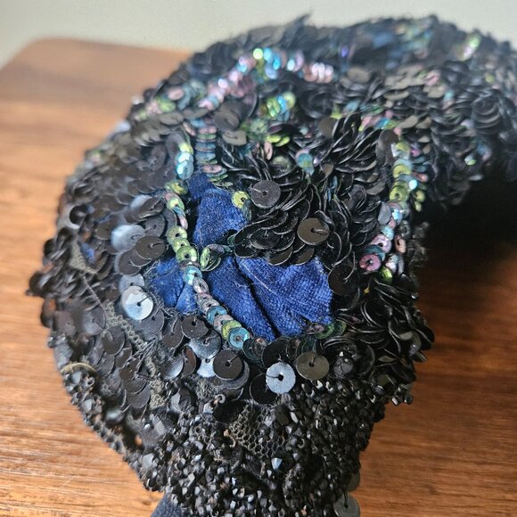 Victorian Antique 1870s 1880s Black Bonnet Jet‎ Beaded Sequins Mourning Hat main image 4